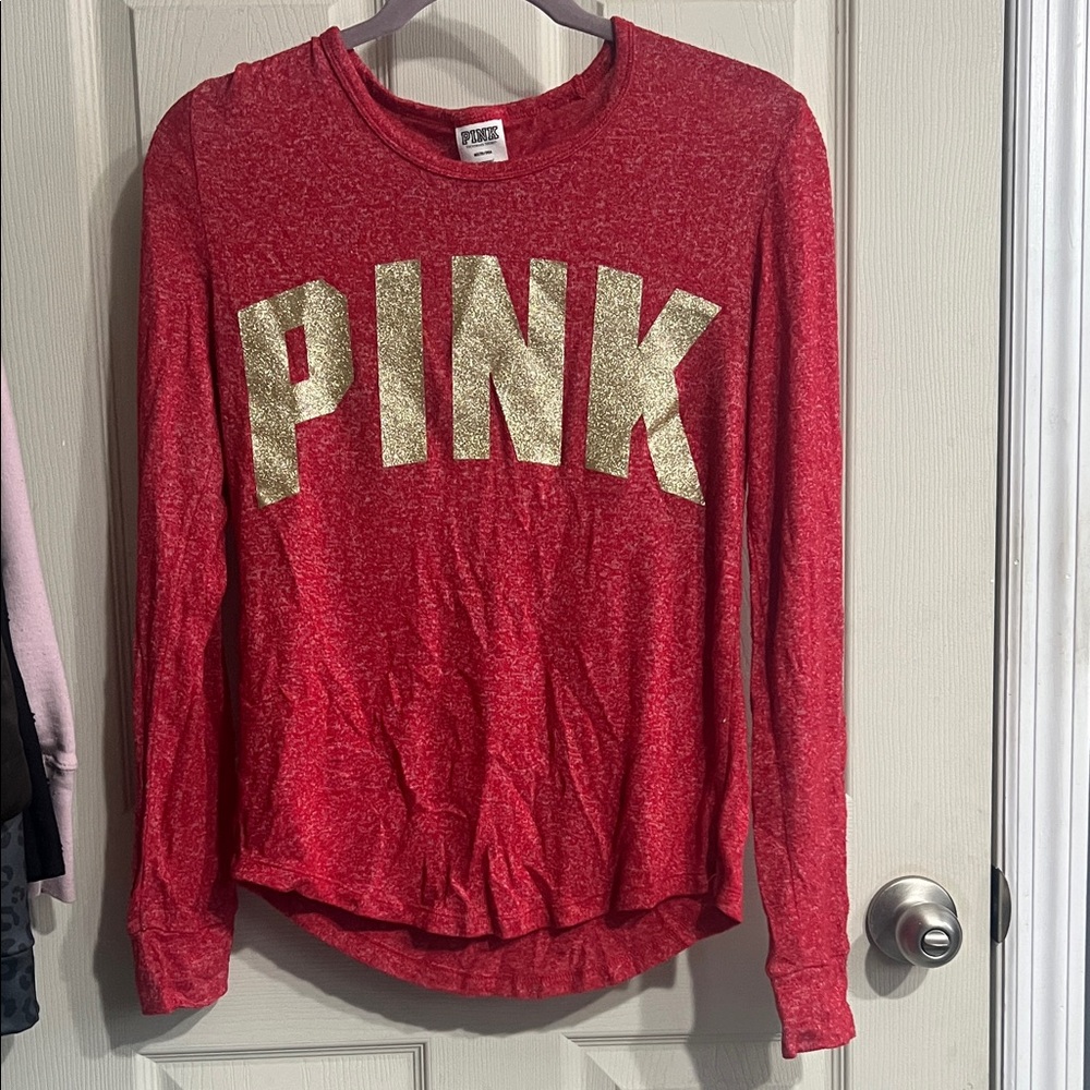 PINK Victoria's Secret Red and Gold Kids Long Sleeve Tee